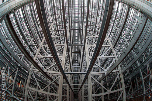 Fish-eye view of steel galvanised framework clad rack structure of asrs warehouse with sprinkler system piping