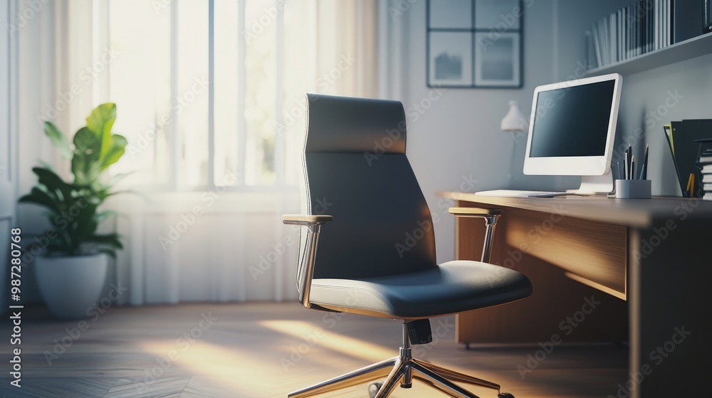 Sleek office chair at a minimalist desk in a home office Sleek office chair at a minimalist desk in a home office