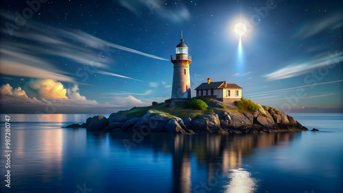 Tranquil night scene with a lighthouse illumination on the island , night, lighthouse, island, tranquil, peaceful, serene