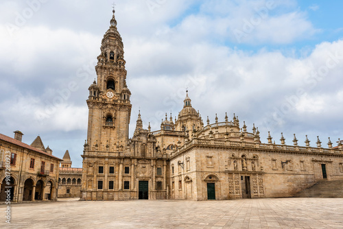 Plaza de Quintana with its esplanade next to the side facade of the cathedral of Santiago de Compostela, Galicia.
