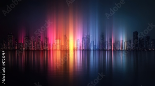 Vibrant City Skyline with Colorful Light Reflections