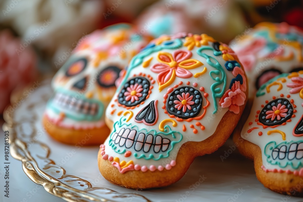 A sugar skull cookie with intricate floral designs in pink, green, and orange icing on a gold plate