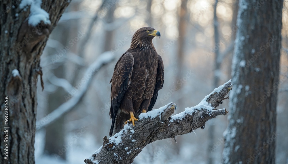 Majestic eagle perched on a snow covered branch in a winter forest. Symbol of strength and freedom Majestic eagle perched on a snow covered branch in a winter forest. Symbol of strength and freedom