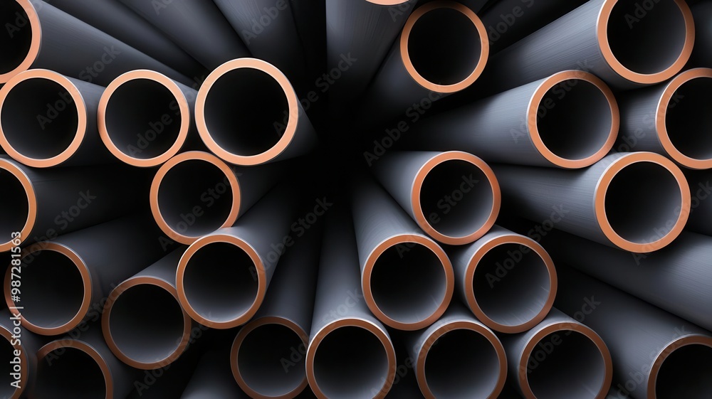 Metal pipes in a geometric, layered arrangement, showcasing symmetry and the smoothness of the manufacturing finish, 3D illustration Metal pipes in a geometric, layered arrangement, showcasing symmetry and the smoothness of the manufacturing finish, 3D illustration