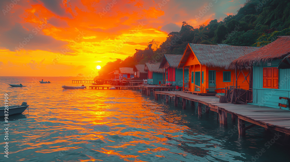 Fototapeta premium A picturesque cinematic shot of a seaside fishing village with colorful wooden houses perched along the shore, with gentle waves lapping against the docks at sunset.