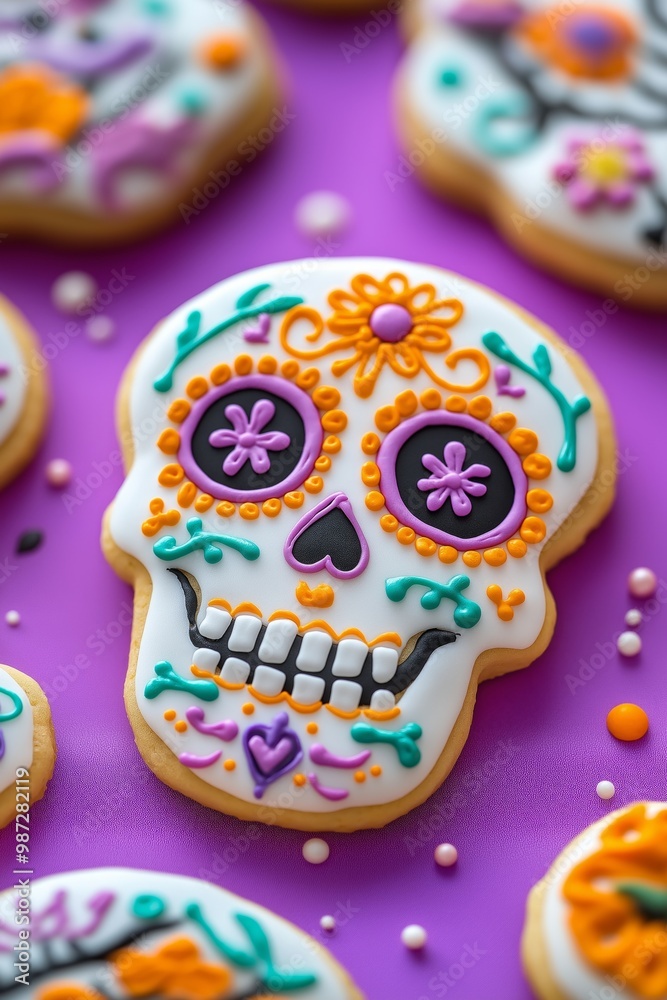Fototapeta premium A festive sugar skull cookie with colorful icing details in purple, orange, and yellow on a purple backdrop