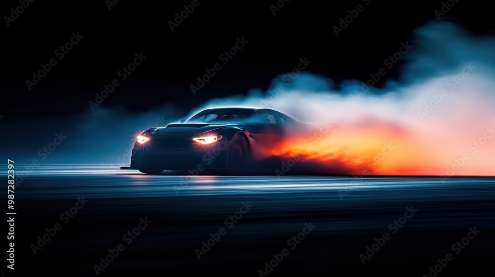 Sleek Sports Car Drifting at Night with Dramatic Smoke and Light Effects Sleek Sports Car Drifting at Night with Dramatic Smoke and Light Effects