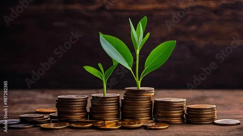 Small plants sprouting from piles of coins, representing the idea of wealth growth, eco-friendly investments, and sustainable financial success.