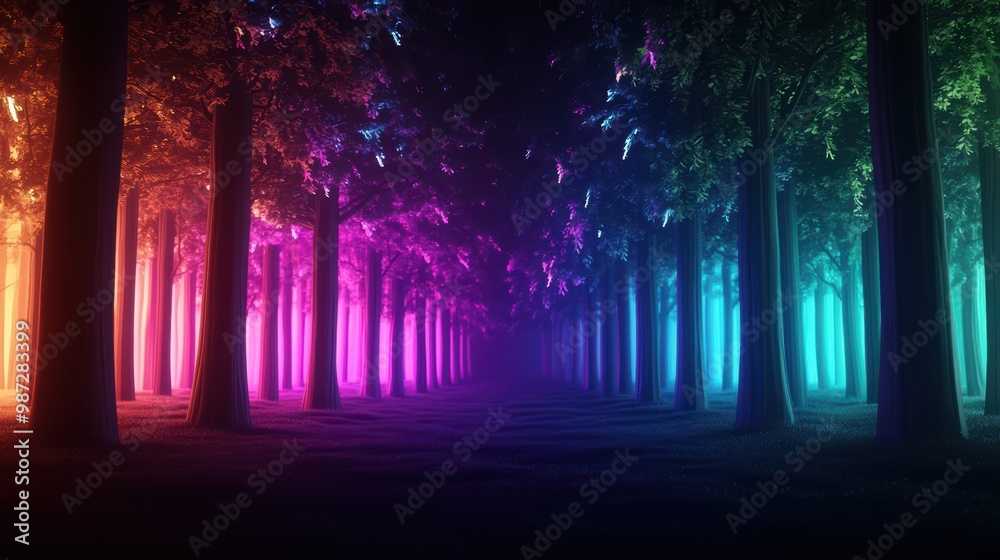 Enchanted Forest with Vibrant Neon Lights Illuminating Trees in a Mystical Nighttime Landscape Enchanted Forest with Vibrant Neon Lights Illuminating Trees in a Mystical Nighttime Landscape