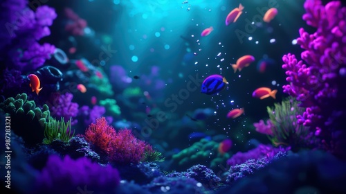 Vibrant Underwater Coral Reef with Colorful Fish Swimming in Clear Blue Ocean Water