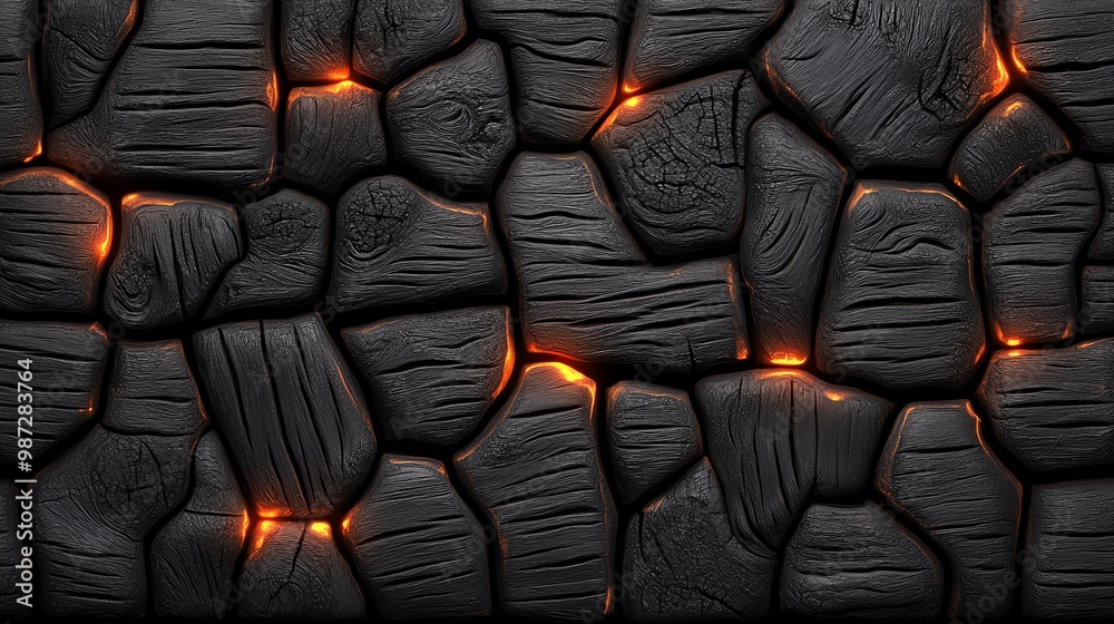 Fototapeta premium Black volcanic rock texture with glowing elements