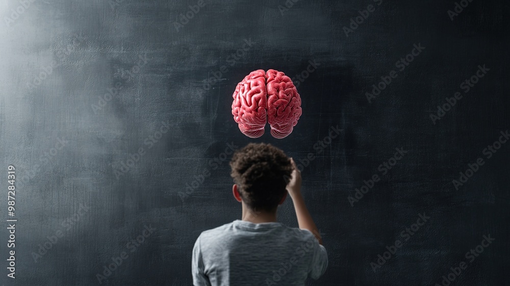 Young Boy Contemplating a Digital Brain Visualization Young Boy Contemplating a Digital Brain Visualization