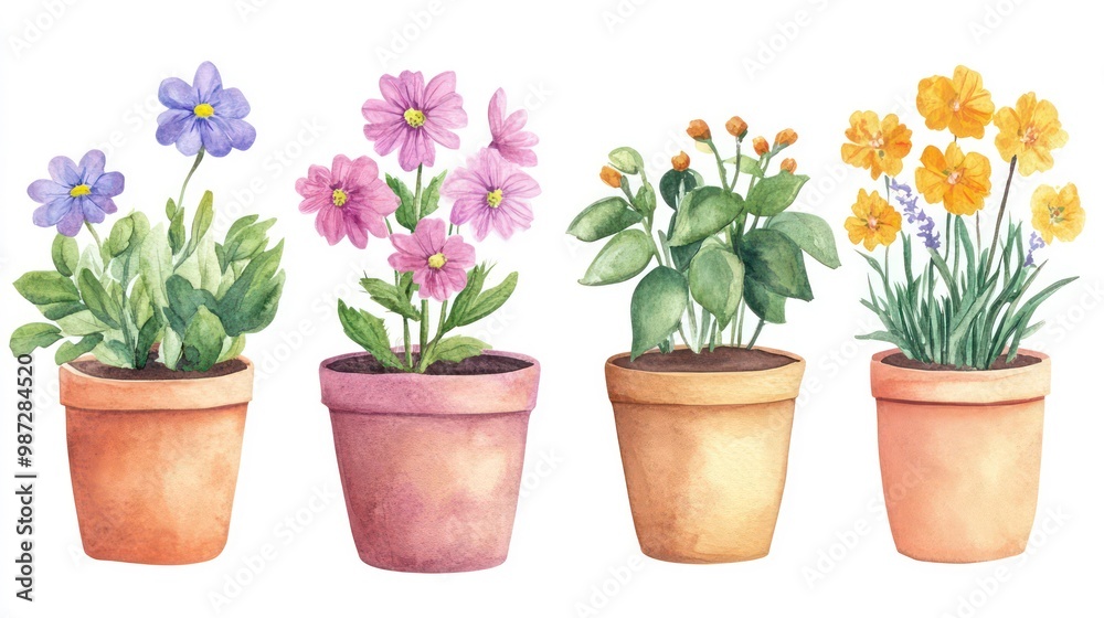 Watercolor illustration of four potted plants with purple, yellow, and pink flowers on white background. Watercolor illustration of four potted plants with purple, yellow, and pink flowers on white background.