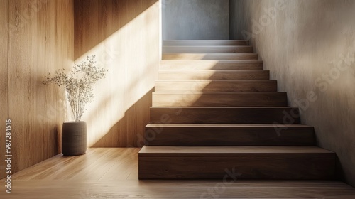 Wooden staircase in scandinavian rustic style interior design of modern entrance hall