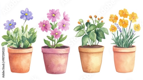 Fototapeta Naklejka Na Ścianę i Meble -  Watercolor illustration of four potted plants with purple, yellow, and pink flowers on white background.