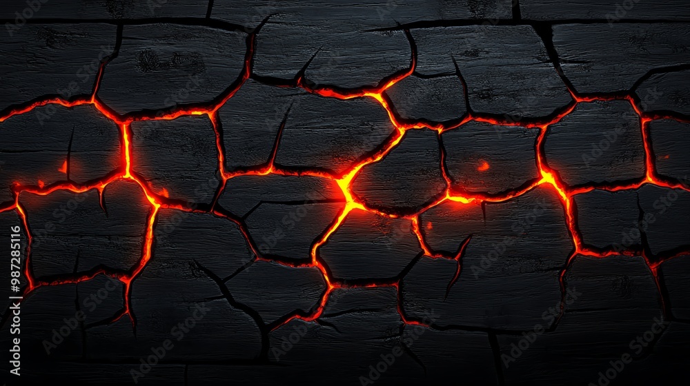 Cracked volcanic rock with glowing lava, dark Cracked volcanic rock with glowing lava, dark