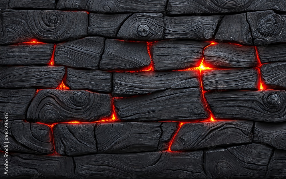 Fototapeta premium Dark lava stone wall with glowing cracks