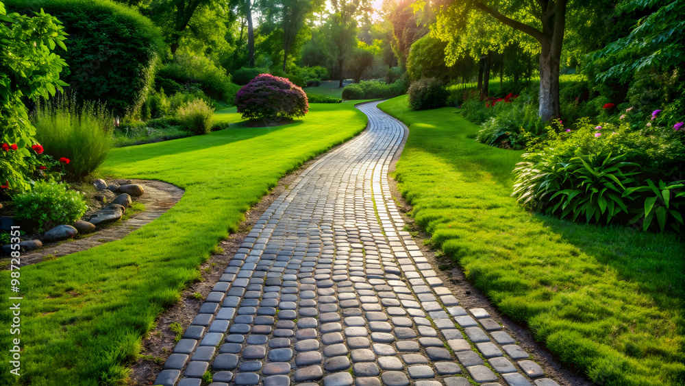 Cobblestone path with grass texture surrounded by lush greenery ...