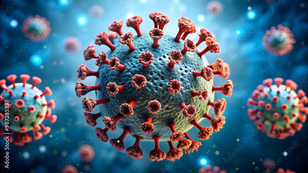 Detailed close-up view of a dangerous virus , deadly, microscopic, contagious, illness, pandemic, infection, biohazard, cell Detailed close-up view of a dangerous virus , deadly, microscopic, contagious, illness, pandemic, infection, biohazard, cell