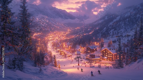 Twilight descends on a snowy mountain village with twinkling lights and skiers enjoying the slopes photo