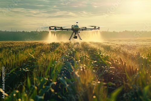 Drone Spraying Crops in a Lush Green Field at Sunset, Improving Agricultural Efficiency and Productivity