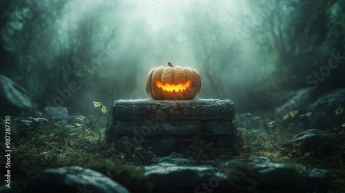 Eerie Glowing Pumpkin on Stone Altar in Spooky Forest, Halloween Decoration, Autumn, Jack-o'-lantern, Dark, Mysterious, Creepy, Haunted, Witchcraft, Gothic, Scary, Nature, Mystery, Fantasy, Dark photo