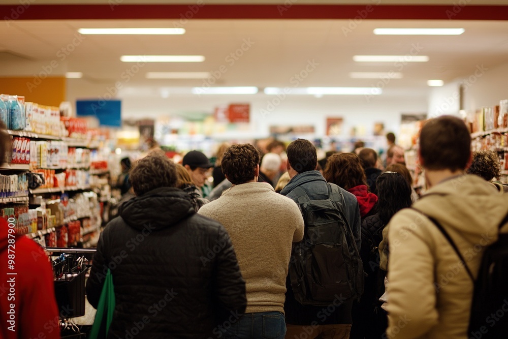 Fototapeta premium Black Friday. A group of people are standing in a grocery store aisle