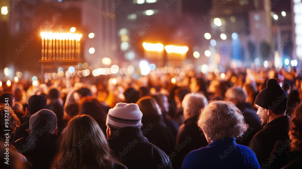 A bustling public menorah lighting in a city square, with hundreds of people gathered to watch as the giant menorah is lit for Hanukkah. The crowd includes families, children, and A bustling public menorah lighting in a city square, with hundreds of people gathered to watch as the giant menorah is lit for Hanukkah. The crowd includes families, children, and