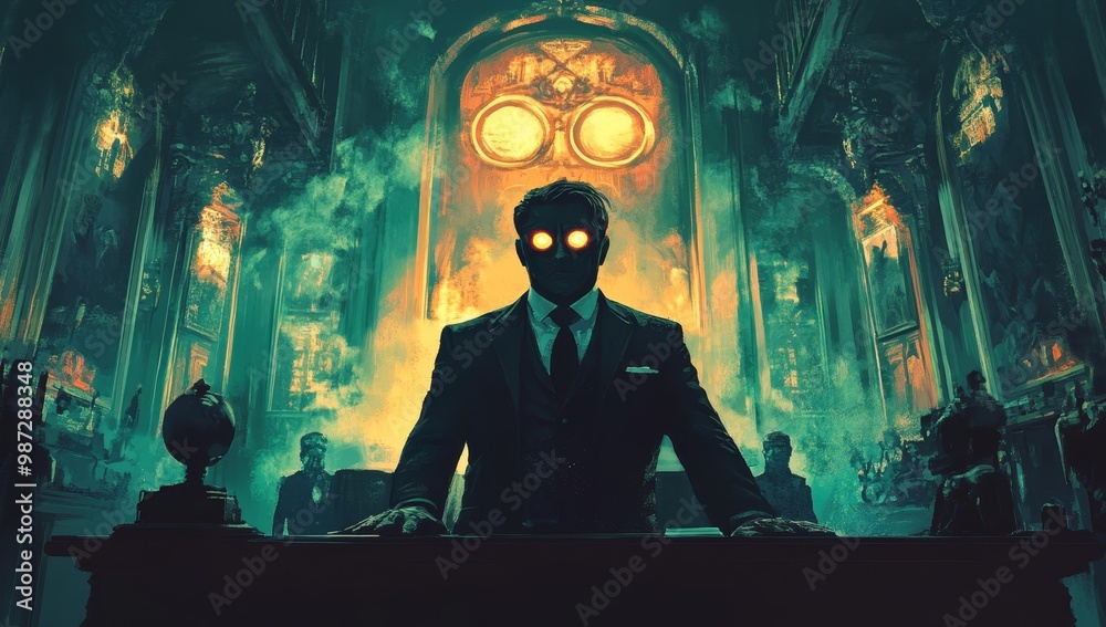 Man with glowing eyes stands in a dark room. Man with glowing eyes stands in a dark room.
