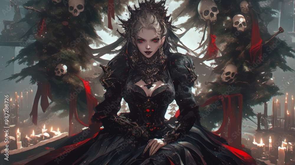 Dark Queen with Skulls and Candles. generative ai illustration. Dark Queen with Skulls and Candles. generative ai illustration.