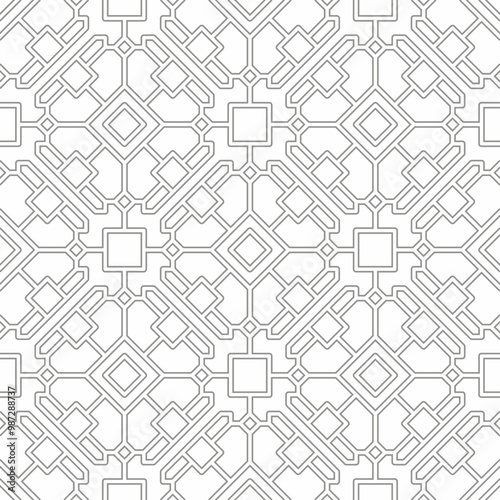 Seamless geometric pattern consisting of interlocking lines forming a regular square. Suitable for various creative projects or decorative elements.
