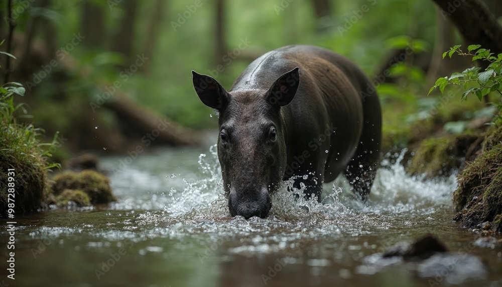 Tapir wading through a stream in a lush green forest, showcasing wildlife and natural habitat Tapir wading through a stream in a lush green forest, showcasing wildlife and natural habitat