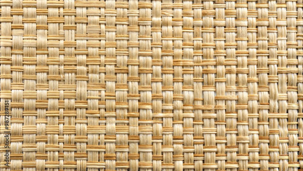 Natural Straw Woven Texture, Close-Up of Rustic Basket Weave Pattern