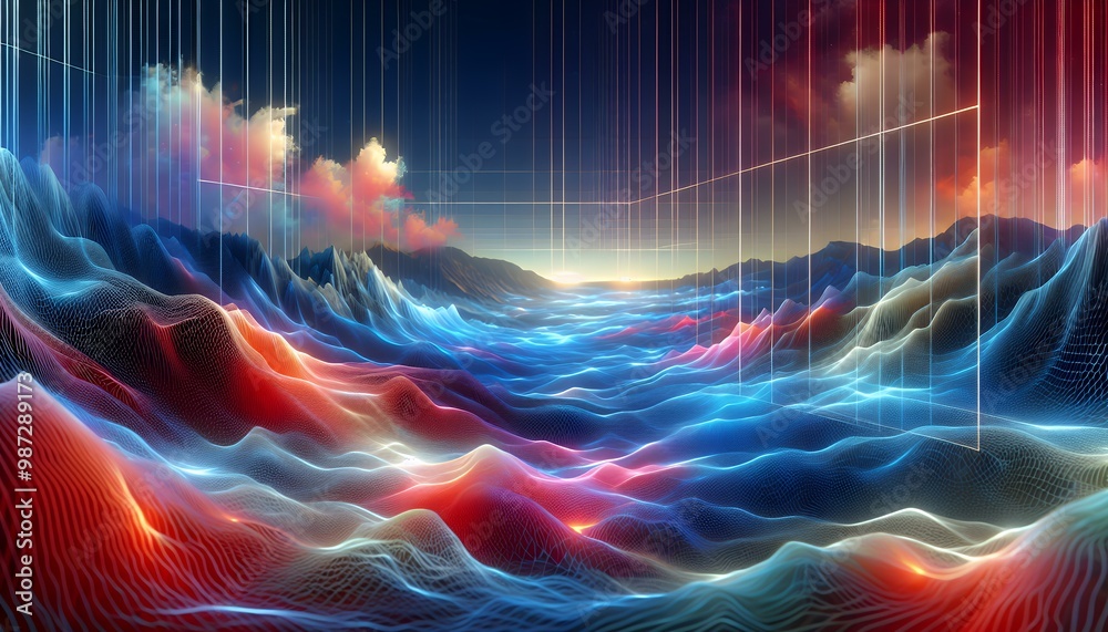 Abstract digital background with blue grid waves and glowing lines on a black background Abstract digital background with blue grid waves and glowing lines on a black background