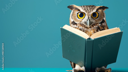 owl sitting on a book, blue background photo