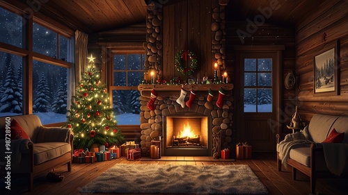 Cozy christmas cabin interior with burning fireplace and decorated christmas tree photo