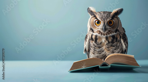 Wallpaper Mural owl sitting on a book, blue background Torontodigital.ca