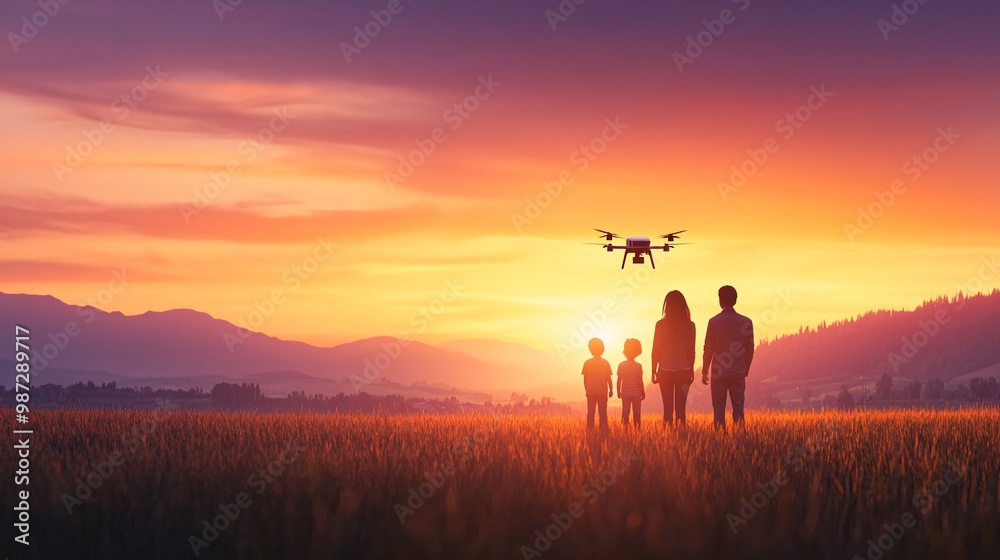 Family Watching Drone Fly at Sunset in Scenic Field with Mountains in Background Family Watching Drone Fly at Sunset in Scenic Field with Mountains in Background