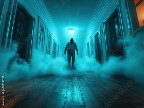 Wallpaper Mural Haunting Figure in a Glowing Hallway A Ghostly Specter Stands Amidst the Mist, Terrorizing the Haunted House with Its Screams The Supernatural Horror is Palpable in This Eerie Setting Torontodigital.ca