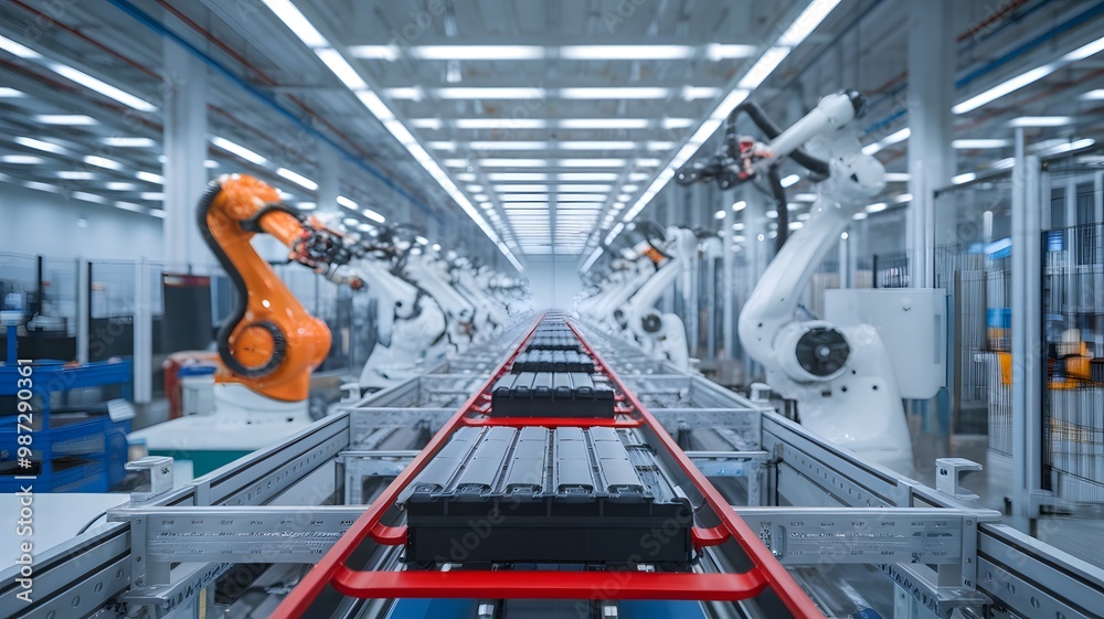 Advanced automated battery production line with robotic arms assembling lithium-ion cells on conveyor belt. Skilled workers in protective gear supervising high-tech manufacturing process. Advanced automated battery production line with robotic arms assembling lithium-ion cells on conveyor belt. Skilled workers in protective gear supervising high-tech manufacturing process.