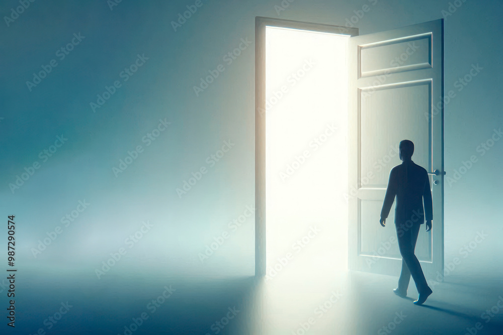 A man at the open door leading into the light. Space for text. A man at the open door leading into the light. Space for text.