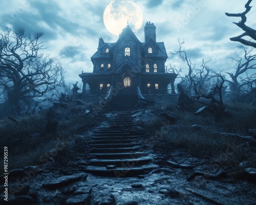 Mysterious Eerie Haunted House on a Hilltop, Bathed in Mystical Moonlight, A Gothic Silhouette Against a Dark Sky, A Haunting Image of a Spooky Mansion photo