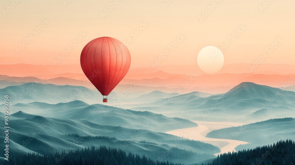Obraz premium A simple air balloon floating above a minimalistic landscape, with the landscape rendered in soft, muted colors and simple shapes like hills or a river
