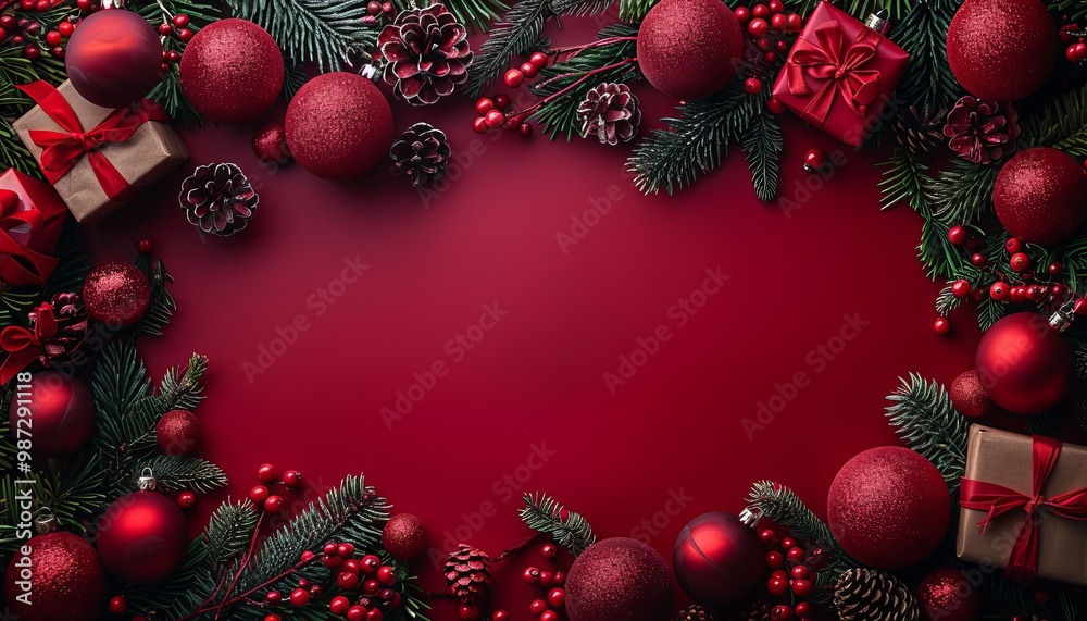 Christmas Card Flat Lay with Gift Boxes, Red Ribbon Bows, and Gold Baubles Perfect for Xmas Postcard Design copy space for text Christmas Card Flat Lay with Gift Boxes, Red Ribbon Bows, and Gold Baubles Perfect for Xmas Postcard Design copy space for text