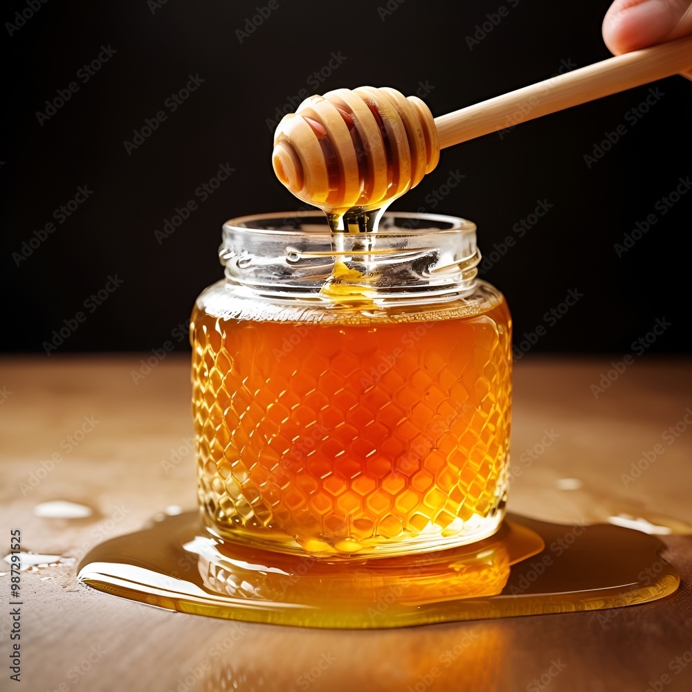 honey in a glass jar on wooden background honey in a glass jar on wooden background