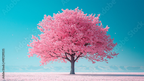 Blossoming Cherry Tree in a Pink Field Under Clear Blue Skies, Spring Renewal and Natural Beauty


