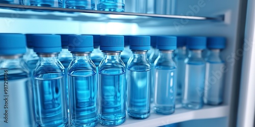 An open refrigerator stocked with multiple blue-capped vaccine vials, representing healthcare and medical storage.  photo