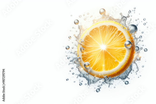 Lemon in water with splashes on a white background. Space for text.