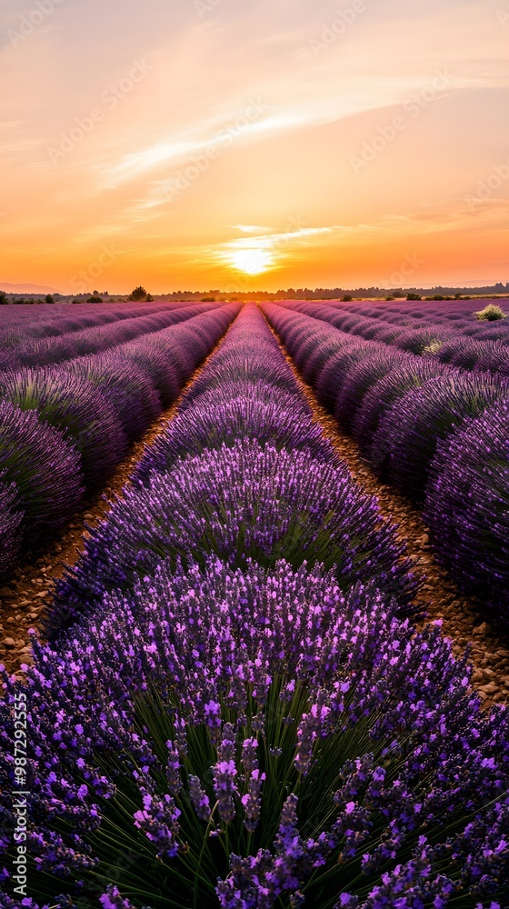 Obraz premium Sunset over a field of lavender in full bloom.
