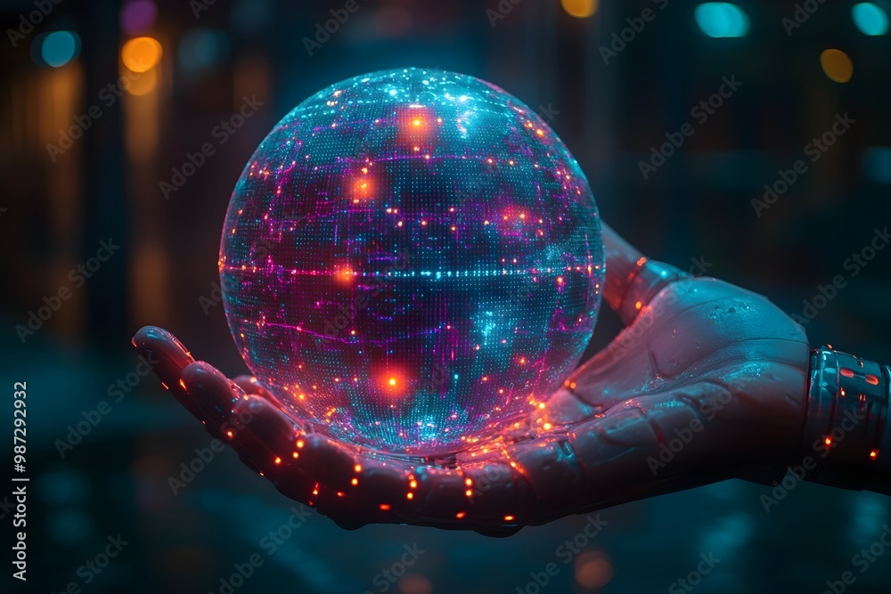 a robotic hand reaching out and lightly touching a glowing digital ...